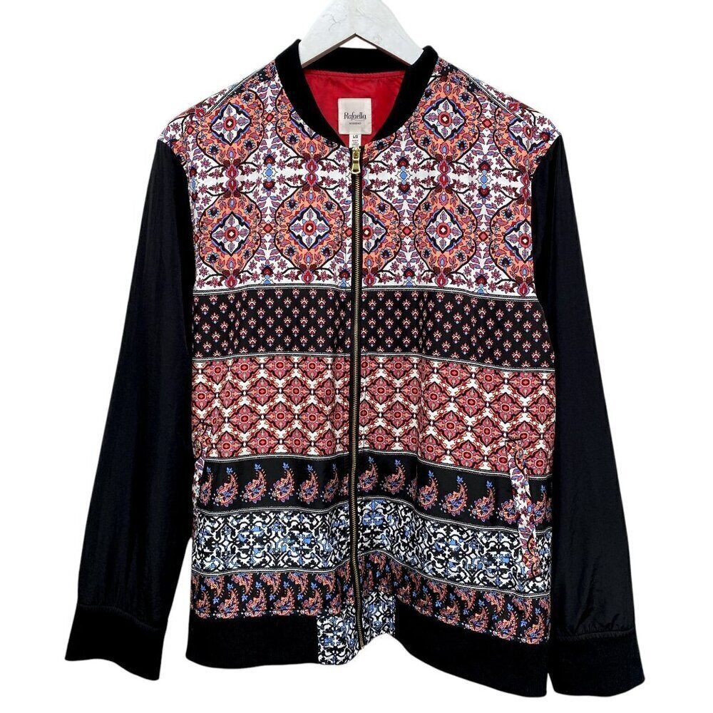 RAFAELLA Weekend Jacket Size Large Black Boho Print Zip Front Bomber Sportswear